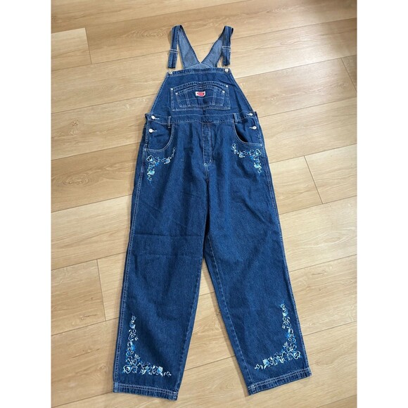 Vintage Revolt Women's Blue Denim Overalls Floral Embroidered Size 20 - Picture 1 of 7